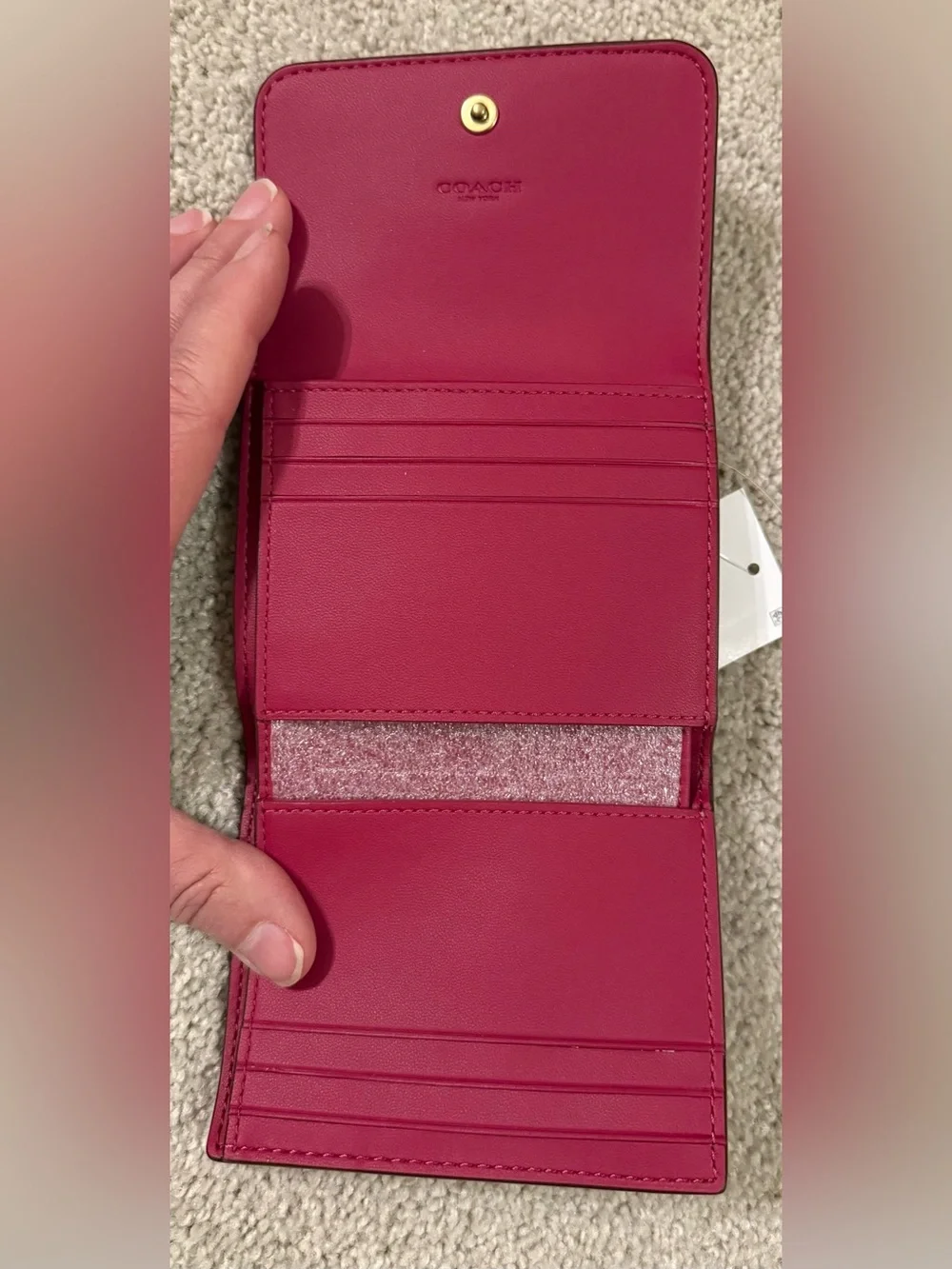 Coach Pebbled Dark Fuchsia Leather Mila Small Flap Wallet with Gold C Accent